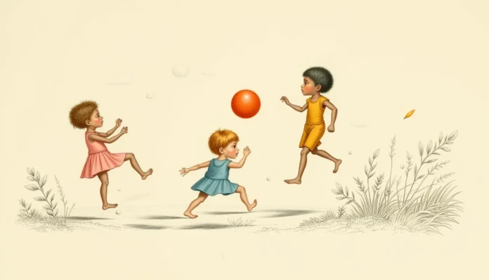 Illustration eines sonnigen Gartens mit drei fröhlichen Kindern, die ausgelassen an einer Wasserballonschlacht teilnehmen, in einem retro-vintage Stil mit weichen Pastelltönen.