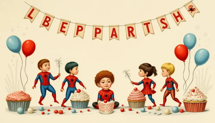 Fröhliche Spiderman-Geburtstagsparty mit bunten Elementen, fantasievollen Kostümen und Party-Parcours, dekoriert mit roten und blauen Ballons, Spinnen-Cupcakes und Spinnennetzen im modernen nostalgisch-vintage Stil.