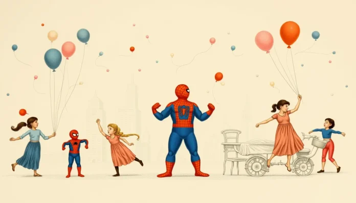 Fröhliche Kinder in klassischen Superheldenkostümen feiern eine Spiderman-Geburtstagsparty mit kreativen Aktivitäten, bunten Ballons und dekorativen Garn-Spinnennetzen auf einem sanften, beige-hinterlegten Pastellhintergrund.