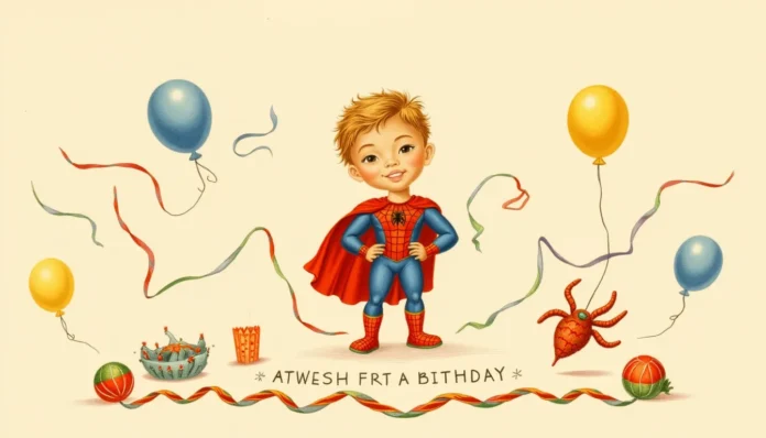 Illustration einer fröhlichen Superhelden-Geburtstagsparty für Kinder mit einem dynamischen Kind in rotem und blauem Kostüm, umgeben von Ballons, Girlanden und einer Spinnen-Piñata.