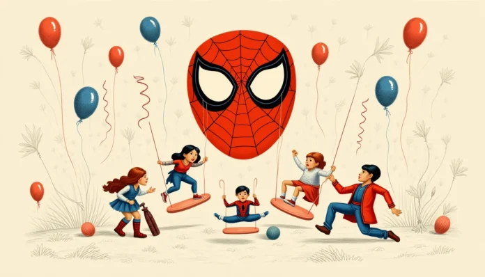 Stimmungsvolles Bild einer Retro-Spiderman-Geburtstagsfeier mit spielenden Kindern