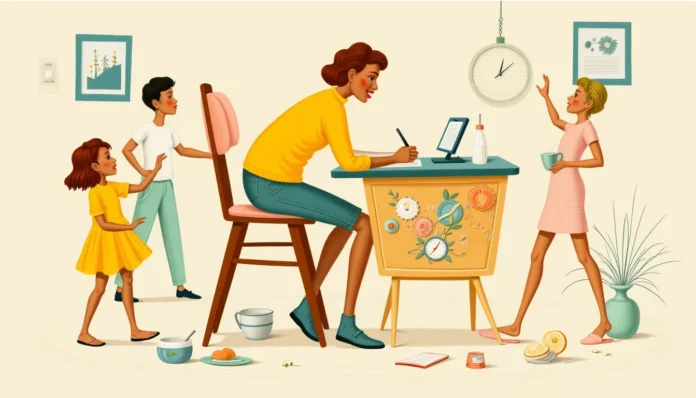 Illustration einer fröhlichen Familie im retro-vintage Stil: eine freundliche Mutter an einem antiken Schreibtisch mit spielenden Kindern im Hintergrund.