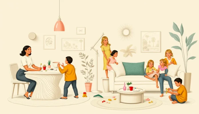 Illustration einer fröhlichen Familienszene in einem retro-modernen Interieur mit dynamischen, organischen Linien und pastellfarbenen Akzenten.