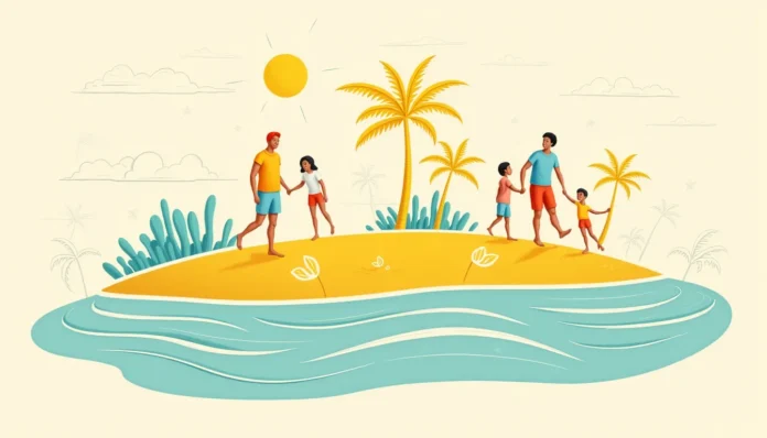 Illustration einer sonnenverwöhnten Insel als persönliche Zuflucht inmitten eines lebhaften Familienlebens, mit fröhlichen Interaktionen zwischen Eltern und Kindern.