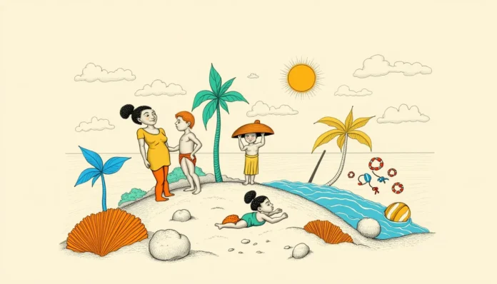 Zentrierte Illustration einer modernen Mutter in einer verspielten Insel-Oase, die Entspannung im Familienalltag symbolisiert