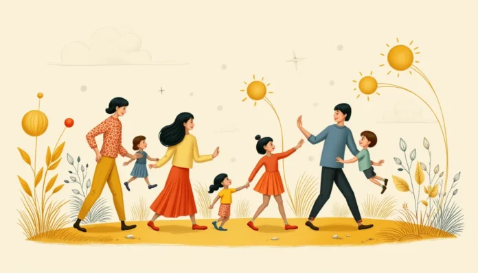 Illustration einer stylisierten Familie, die in einer lebendigen Retro-Szene spielerisch und warm interagiert, dargestellt mit fließenden, farbigen Linien und weichen Vintage-Tönen.