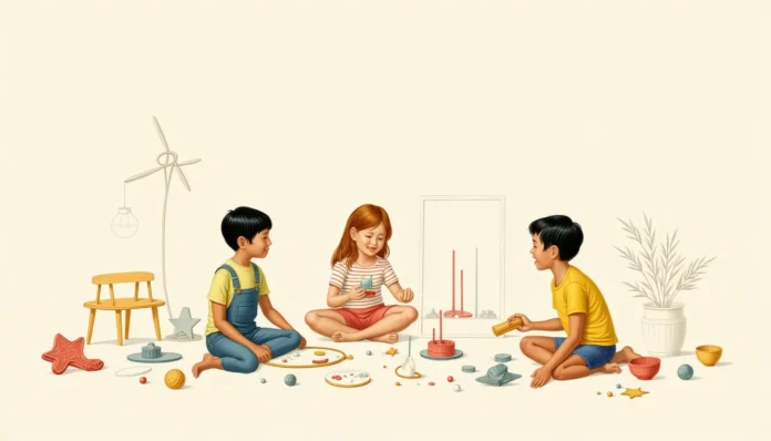 Illustration von zwei bis drei Kindern in einer modernen retro-vintage Spielumgebung, die mit klassischen hölzernen Bauklötzen und simplen Figuren experimentieren.