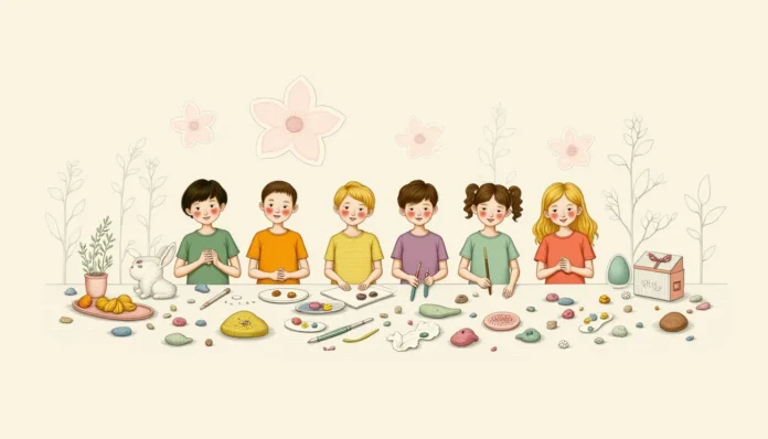 Illustration einer fröhlichen Frühlingsbastelecke mit Kindern an einem bunt dekorierten Basteltisch voller Kunstmaterialien, Papierblumen, bemalter Steine und einem fantasievollen Osterhasen.