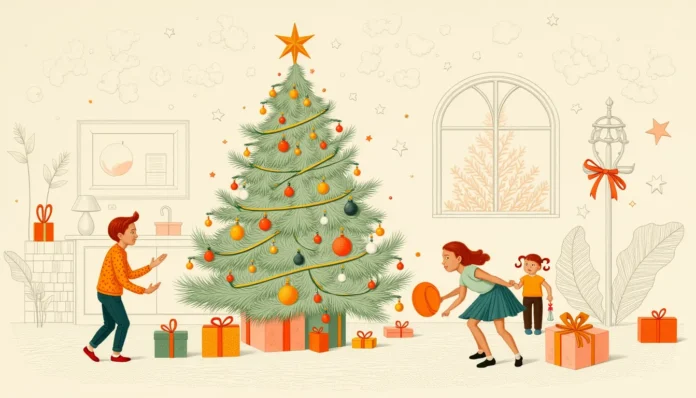 Retro-inspirierte Illustration einer festlichen Innenszene mit zentral platziertem, abstrakt dekoriertem Weihnachtsbaum und spielenden Kindern in Vintage-Outfits