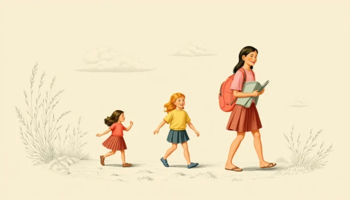 Illustration einer Mutter, die ihre Kinder an einem sonnigen Morgen fürs Schulleben vorbereitet, in pastellfarbenem Retro-Stil