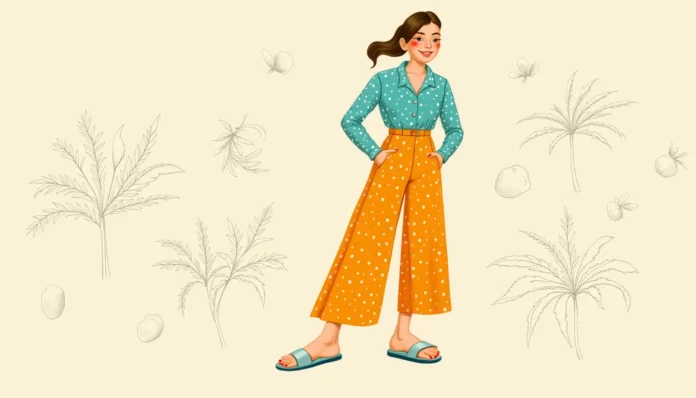 Illustration eines fröhlichen, selbstbewussten Mädchens in retro inspiriertem Pastell-Outfit vor einem abstrakten, fließenden Hintergrund.