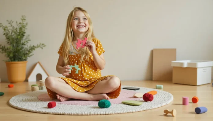 Ein junges blondes Mädchen mit geflochtetem Zopf spielt mit bunten Spielsachen auf einem bunten Teppich und hält ein halb fertiges Puzzle in den Händen.