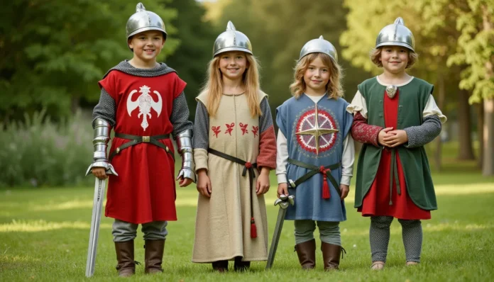 Eine Gruppe von Kindern in mittelalterlichen Kostümen und Fantasieverkleidungen in einem üppigen Garten