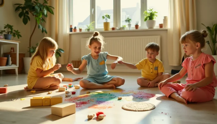 Eine Gruppe verspielter Kinder in Vintage-Kleidung aus den 50er Jahren, die in einem hellen Raum mit natürlichem Licht malen, Blöcke bauen und sich verstecken.