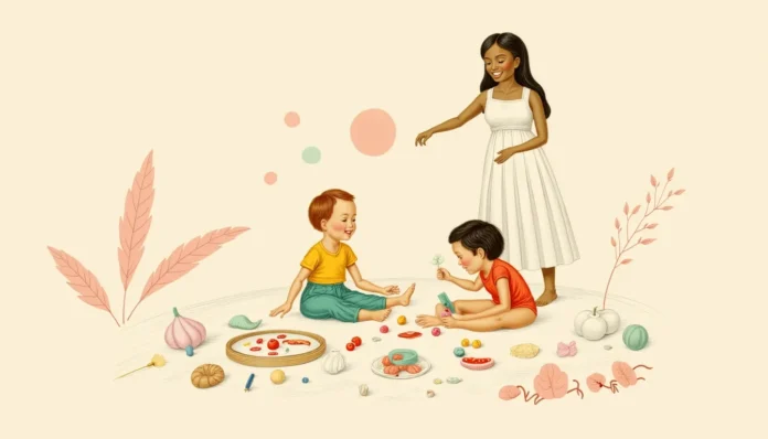 Eine naive, retro-stylisierte Illustration einer lächelnden Mutter mit zwei spielenden Kindern vor einem warmen beigen Hintergrund in pastelligen Farben.