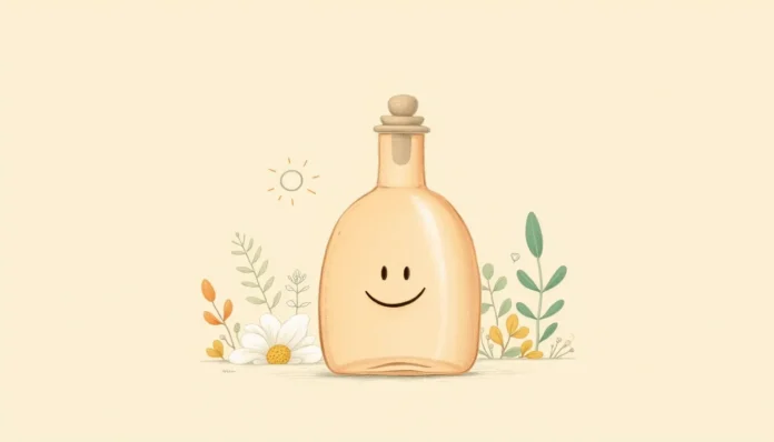 Illustration einer zentralen, lächelnden Glasflasche im Stil von Naturkosmetik, umgeben von stilisierten Kaffeetassen, Blumen und abstrakten Motiven in pastellfarbenen, fließenden Linien auf warmem beige Hintergrund.