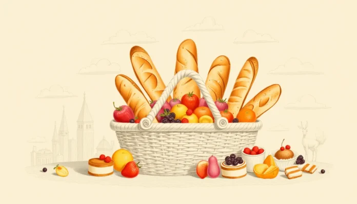 Illustration im Retro-Stil mit einem kunstvoll gestalteten Weihnachtskorb voller kulinarischer Köstlichkeiten wie Brot, Früchten und abstrakten Leckereien in sanften Pastelltönen