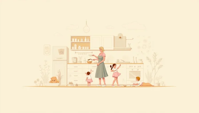 Illustration einer modernen Mutter mit Vintage-Charme, die in einem retro inspirierten Küchenambiente frühstückt zubereitet, während zwei fröhliche Kinder spielen und nachhaltige Elemente wie recycelte Motive und naturinspirierte Details die Szene bereichern.