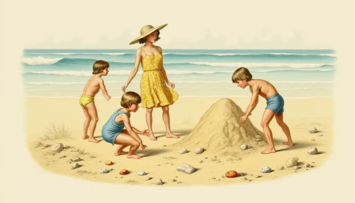 Eine Mutter baut mit ihren beiden Kindern am Strand eine Sandburg, während das Meer im Hintergrund sanft rauscht.