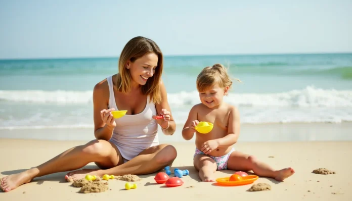 Eine fröhliche Mutter und ihr Kind spielen am Strand mit buntem Strandspielzeug und bauen eine Sandburg.