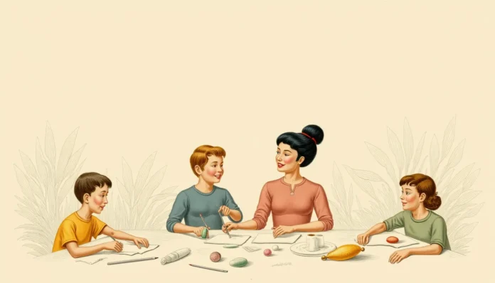 Illustration einer stilisierten Mutter mit ihren Kindern bei einer kreativen Bastelaktion im naiven, fröhlichen und bunten Stil, modern-retro inspiriert.