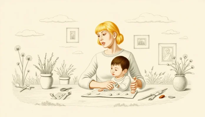 Illustration einer stilvollen Mutter und ihres Kindes bei einer bunten Bastelidee